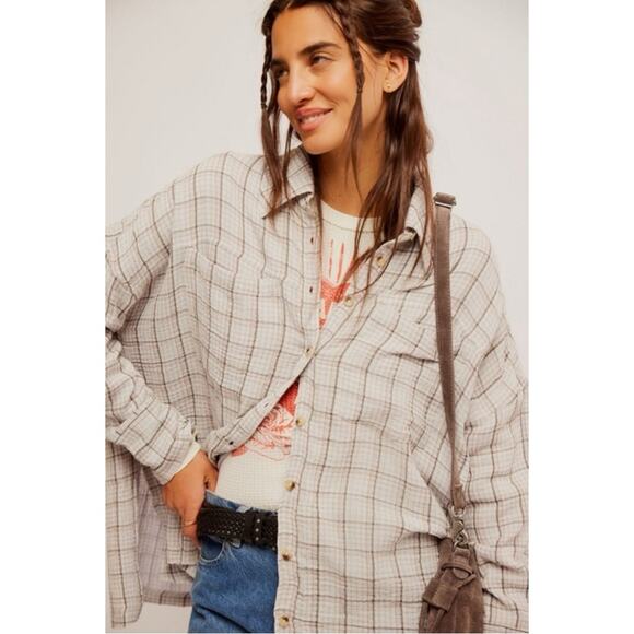Free People Oversized Bohemian Grunge 90s Fall Cardiff Plaid Top Shirt Medium - Picture 4 of 10